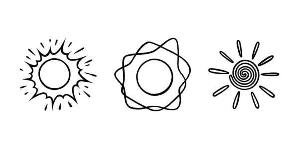 Χειροποίητοι ήλιοι. Ήλιοι λάμπουν με ακτίνες σε στυλ doodle. Ασπρόμαυρη απεικόνιση διάνυσμα σκίτσο — Διανυσματικό Αρχείο