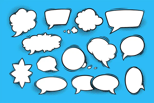 Speech bubbles with halftone shadows in comic style. Set of speech boxes isolated in blue background. Vector illustration — Stock Vector