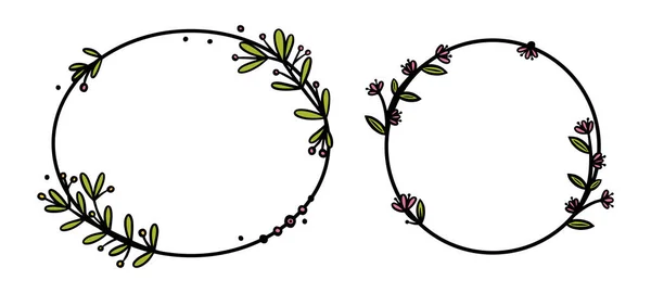 Coronas rústicas divisoras con flores dibujadas a mano. Coronas de garabatos ovaladas y circulares con hojas y flores de colores. Ilustración vectorial de Doodle — Vector de stock
