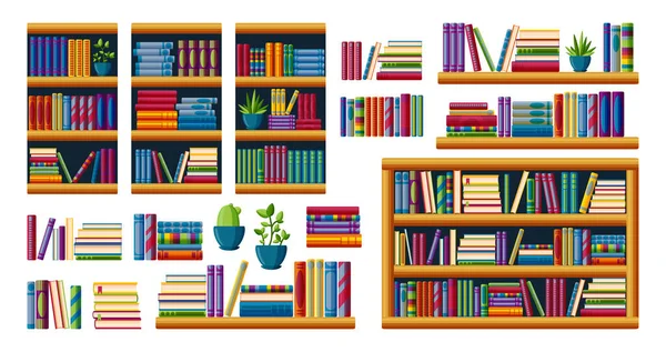 Estanterías con bestsellers para leer. Montones de libros con estantes, estantes y maletas. Dibujos animados vector ilustración — Vector de stock