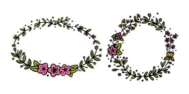 Davetiyeler için çiçek çelenkleri ve kurşun yağmurluğu süslemeleri. Çember ve oval çelenk ayırıcıları ya da sınırları. Doodle vektör illüstrasyonu
