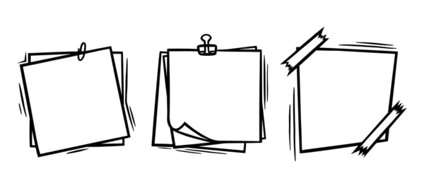 Hojas de papel Doodle con clip y elementos de cinta adhesiva. Páginas de papel vacías para notas y mensajes. Ilustración vectorial de Doodle — Archivo Imágenes Vectoriales