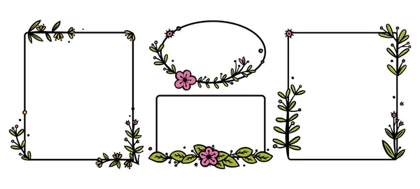 Coronas rústicas divisoras con flores dibujadas a mano. Coronas de garabatos rectángulo y círculo. Ilustración vectorial de Doodle — Vector de stock