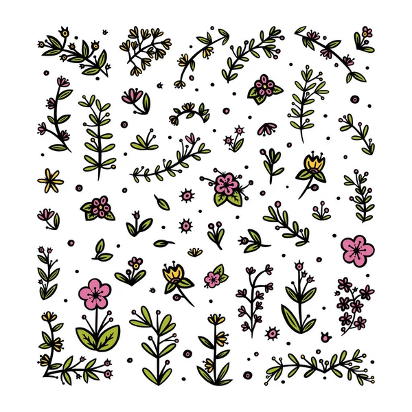 Blumen, Blätter und Zweige sind Elemente für Ornamente. Dekoratives Blumenmuster für verschiedene Designs. Doodle-Vektorillustration — Stockvektor