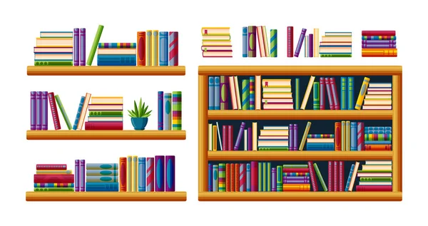 Boekenplanken voor thuisbibliotheek. Stapels bestsellers met rekken, rekken en boekenkasten. Cartoon vector illustratie — Stockvector