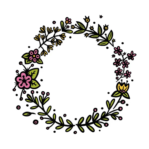 Corona de círculo de flores para invitaciones y decoración de viajes bala. Círculo y corona oval divisor o marco. Ilustración vectorial de Doodle — Vector de stock