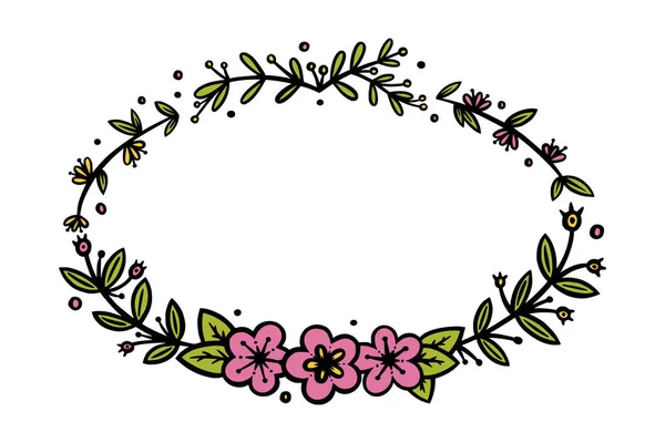 Corona ovalada de flores para invitaciones y decoración de viajes de bala. Divisor de corona ovalada o marco. Ilustración vectorial de Doodle — Vector de stock