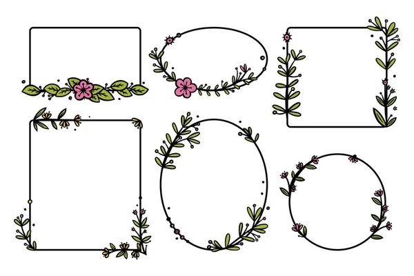 Rustikální věnce děliče s ručně kreslenými květinami. Obdélníkové a kruhové věnce. Doodle vektorová ilustrace — Stockový vektor