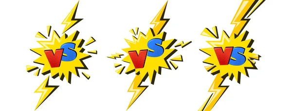 Superheld gegen Zeichen mit Blitz. VS-Buchstaben in gelbem Stern als Symbol für Kampf und Konfrontation. Comische Vektorillustration — Stockvektor