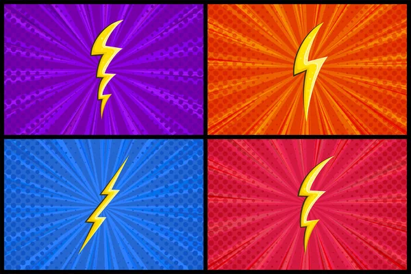 Superhero halftoned background with lightning. Set of colored comic designs with yellow flash. Vector illustration — Stock Vector