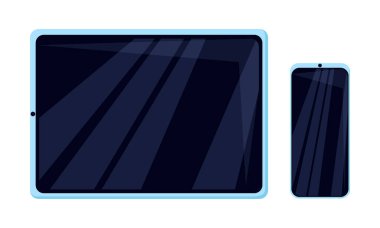 Mobil aygıtlar beyaz arkaplanda izole edildi. Tablet ve akıllı telefon ön görüşüyle ayarlayın. Vektör illüstrasyonu