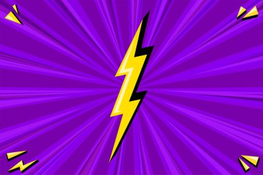 Süper kahraman şimşekli yarım tonlu poster. Sarı ışıklı mor çizgi roman tasarımı. Vektör illüstrasyonu