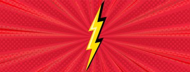 Süper kahraman arka planda şimşekler çaktı. Sarı ışıklı kırmızı çizgi roman tasarımı. Vektör illüstrasyonu