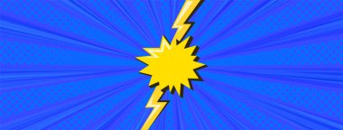 Süper kahraman arka planda şimşekler çaktı. Sarı ışıklı çizgi roman tasarımı yarışması. Vektör illüstrasyonu