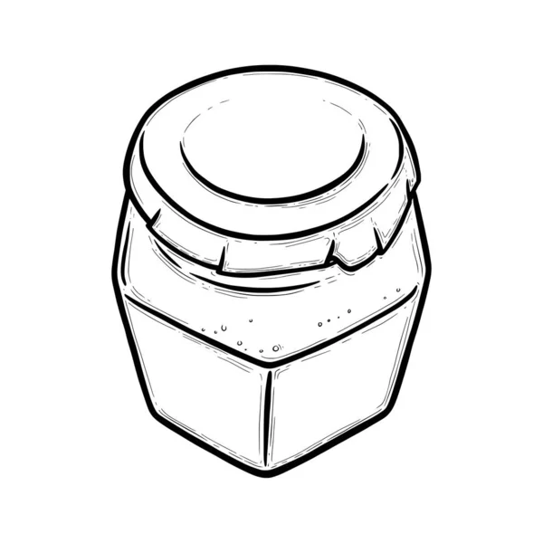 Skiss av glasburk. Hexagonal tom burk för konservering av pickles, honung eller sylt. Handritad vektor illustration — Stock vektor