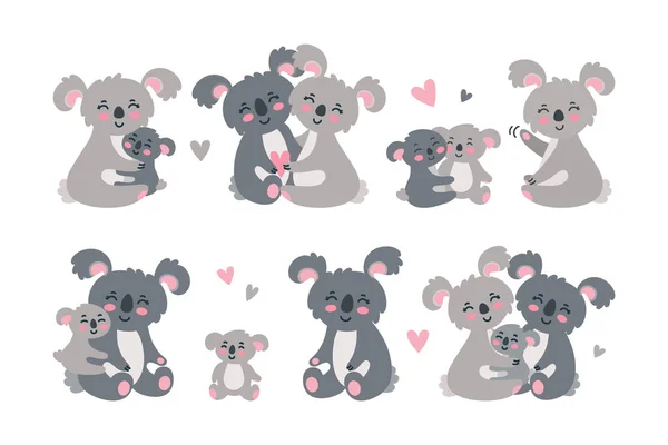 Conjunto familiar Koala. Abrazar y amar a los padres koala con los bebés. Ilustración vectorial — Archivo Imágenes Vectoriales