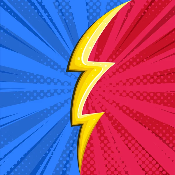 Superhero halftoned background with lightning. Square comic design with yellow flash. Vector illustration — Stock Vector