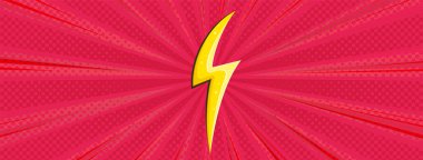 Süper kahraman arka planda şimşekler çaktı. Sarı ışıklı kırmızı çizgi roman tasarımı. Vektör illüstrasyonu
