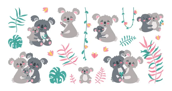 Familia Koala en las selvas. Padres de Koala con bebés en hojas, lianas y flores. Ilustración vectorial — Archivo Imágenes Vectoriales