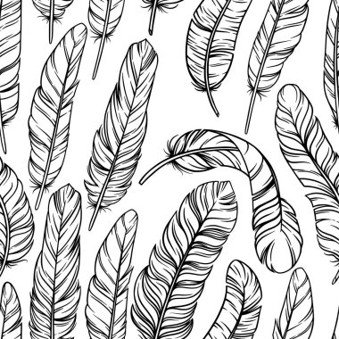 Kuş tüyleri kusursuz desende. Beyaz arka planda tüyleri olan dekoratif fayanslar. Vektör illüstrasyonu