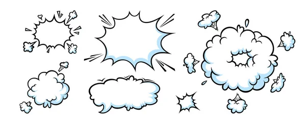 Brotes cómicos y flequillos. Explosión y explosión de nubes para eventos sorprendentes y explosivos. Ilustración vectorial — Vector de stock