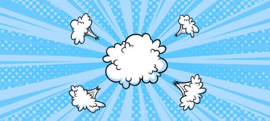 Satışlar ve promosyonlar için yarım ton arka planda şaşırtıcı bir patlama bulutu. Sürprizler ve patlayan olaylar için mavi pankart. Vektör illüstrasyonu