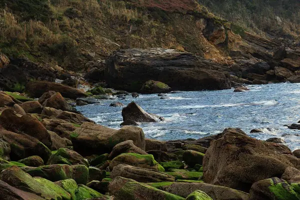 Seashore Big Rock Smaller Mossy Rocks Waves — Stock Photo, Image