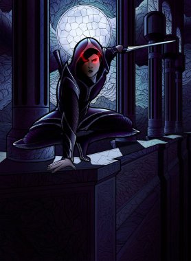 Gece ay ışığında keskin bıçakları olan kapüşonlu kırmızı gözlü kara suikastçı, kalenin yüksek duvarında, arka planda büyük bir ay ve büyük sütunlarla, kolay, pullu bir zırh içinde oturuyor..