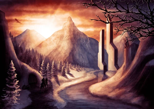 馬の騎士と冬のファンタジーの風景 空に高くそびえるワシ 大きな山と 巨大な門と洞窟 氷の川と明るい光線と暗い雲と日没の雪に覆われた森と — ストック写真