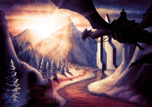 大きな翼と騎士を持つドラゴンと冬のファンタジーの風景 大きな山と 氷の川と雪に覆われた森と 巨人と洞窟と 明るい光線と暗い雲と夜明けで — ストック写真