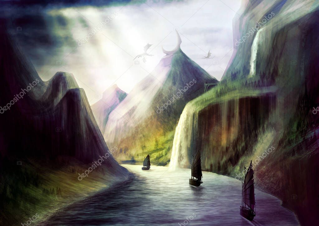 Fantasy environment with bright rays of the sun shining through dark clouds, with ships and dragons circling around the mountain, a natural landscape with a wide river, waterfalls and green high rocks