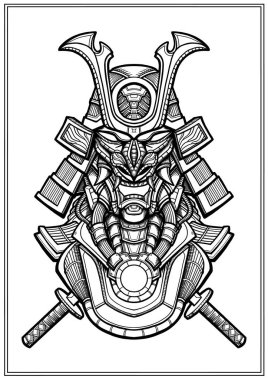 Miğferinde ve zırhında sivri dişleri olan karanlık bir Japon siborgunun mekanik yüzü, bir mekanizma ve kılıçla yakın plan korkunç bir samuray maskesi, geçmişi olmayan izole edilmiş bir iblis silueti..