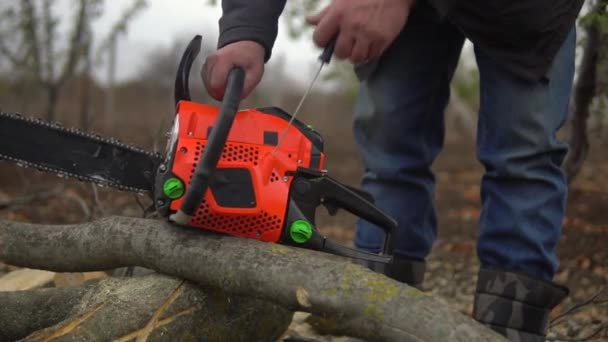 Lumberman starting chainsaw to sawing wood, slowmo — Stock Video