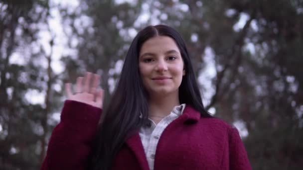 Mulher atraente a olhar para a câmara, a acenar à mão, a dizer olá. Retrato feminino — Vídeo de Stock