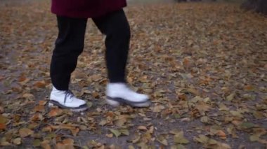 Çekici bir kadın, sonbaharda devrilmiş ağaç yapraklarının üzerinde yürüyor..