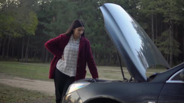 Mujer triste mirando el capó abierto, coche avería en la carretera forestal, accidente de coche — Vídeo de stock