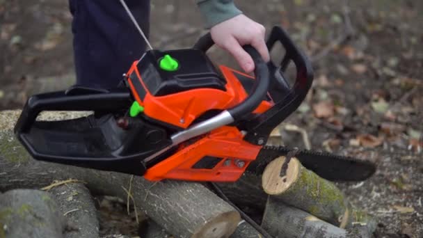 Sierra de cadena de arranque de leñador, prepararse para usar y aserrar el árbol — Vídeo de stock