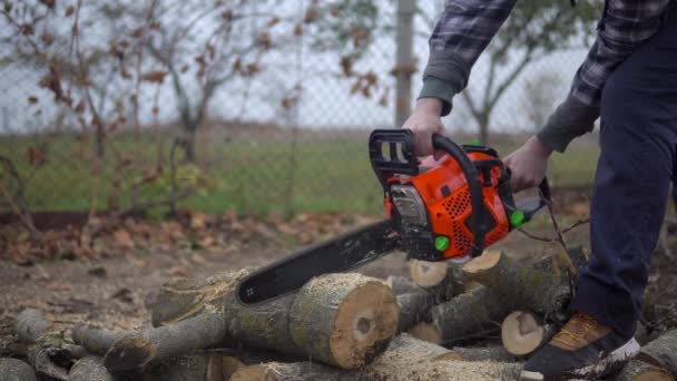 Lubmerjack sawing tree logs with chainsaw. Worker man farmer doing housework — Stock Video