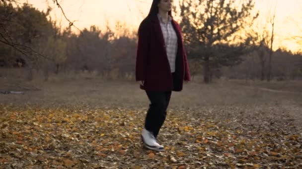 La mujer viene al auto, sube al taxi, sentada en el asiento del pasajero. Paseando por el parque — Vídeo de stock