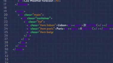 Basit HTML kod animasyonu, programlama süreci. Mavi ekran arkaplanı