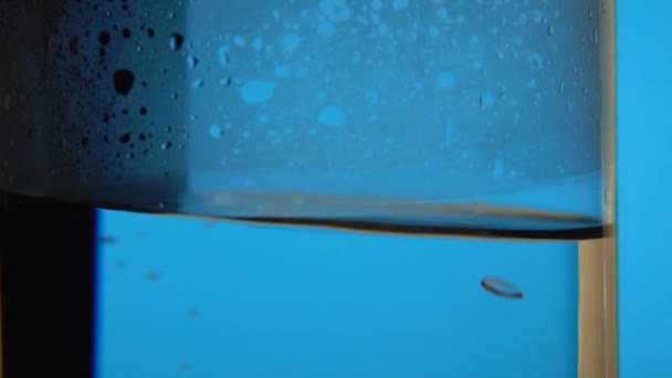 Vařená voda v elektrické skleněné konvice na modrém pozadí ve zpomaleném filmu — Stock video