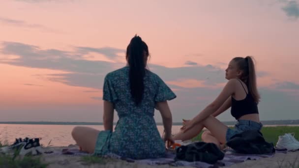 Friends relaxing on beach. Girls talking, sitting on grass. Summer picnic — Stock Video