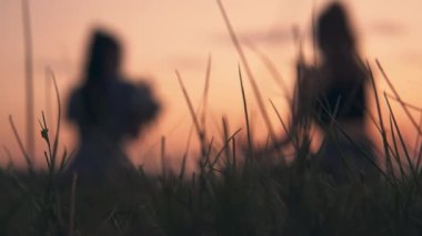 Kızlar dinleniyor, çimenlerde oturuyor, yaz pikniğinde konuşuyor. Bulanık insanlar