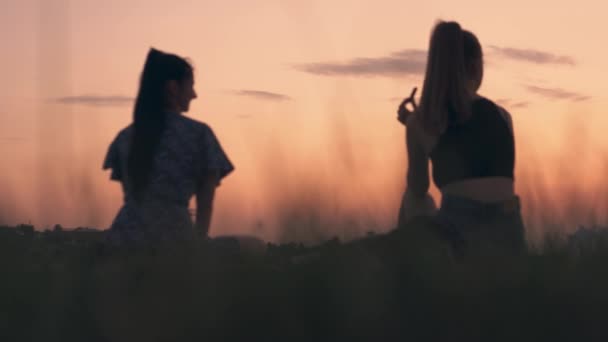 LGBT lesbian couple on date. Romantic atmosphere, sunset picnic. Blurred people. — Stock Video