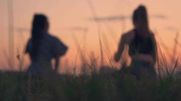 Two young girls sitting on grass, summer picnic. Blurred people background — Stock Video