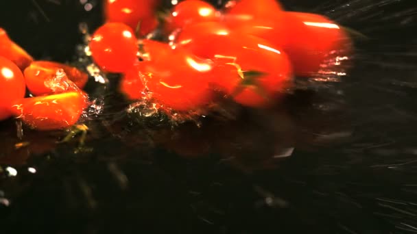 Zeitlupe von Tomaten, die mit Wassertropfen auf schwarze Oberfläche fallen. — Stockvideo