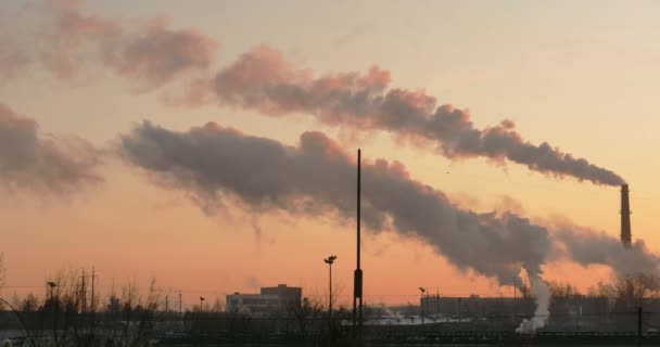 Humo de chimeneas de fábrica sobre cielo gris y nubes. Contaminación industrial . — Vídeos de Stock