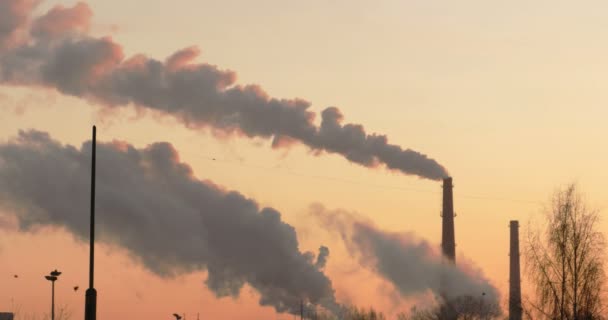 Дым из фабричных труб над серым небом и облаками. Загрязнение . — стоковое видео