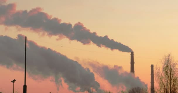 Humo de chimeneas de fábrica sobre cielo gris y nubes. Contaminación industrial . — Vídeos de Stock