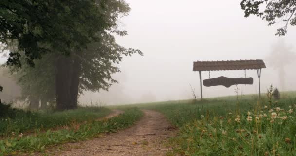 Знак маленького городка в туманном лесу — стоковое видео
